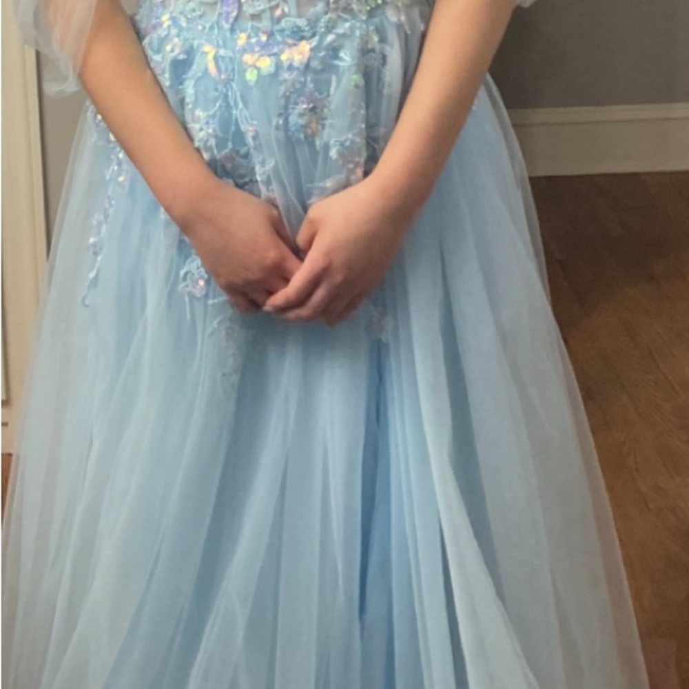 Glamorous light blue off the shoulder embroidered tulle formal dress - Picture 14 of 14